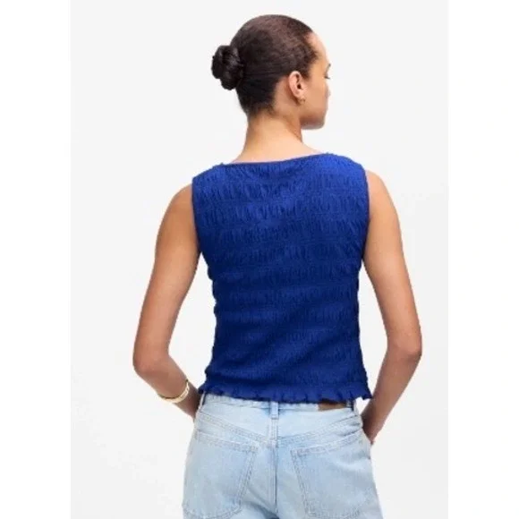 Madewell Top Womens XS Blue Smocked Boatneck Tank Brilliant Sapphire NV912 - Picture 4 of 12